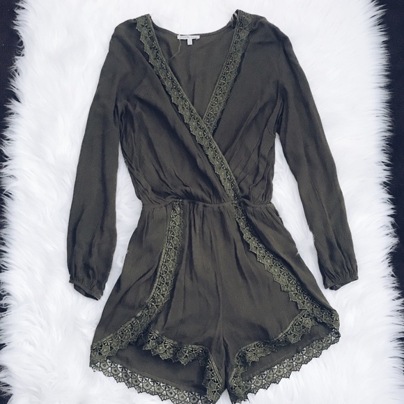 Charlotte Russe Pants - Army green crochet long sleeve romper